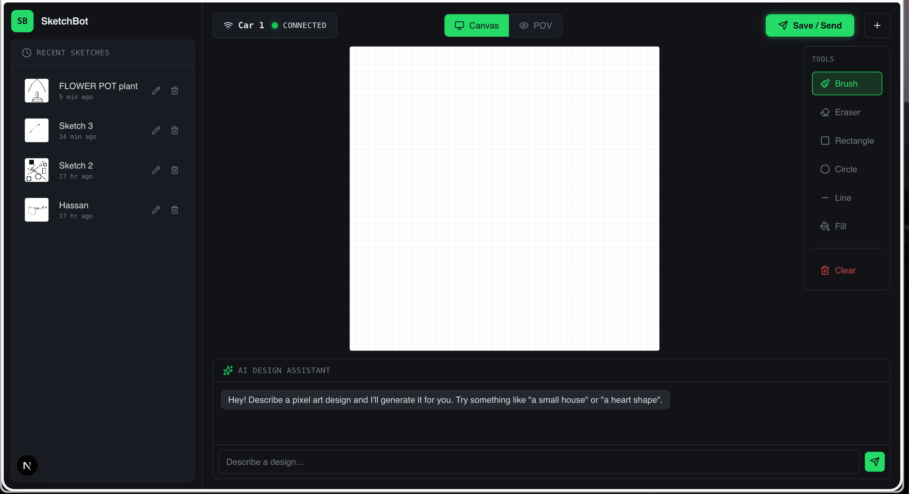 Web app: pixel design canvas with AI design assistant