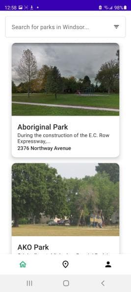 WinParks mobile app showing Windsor park listings